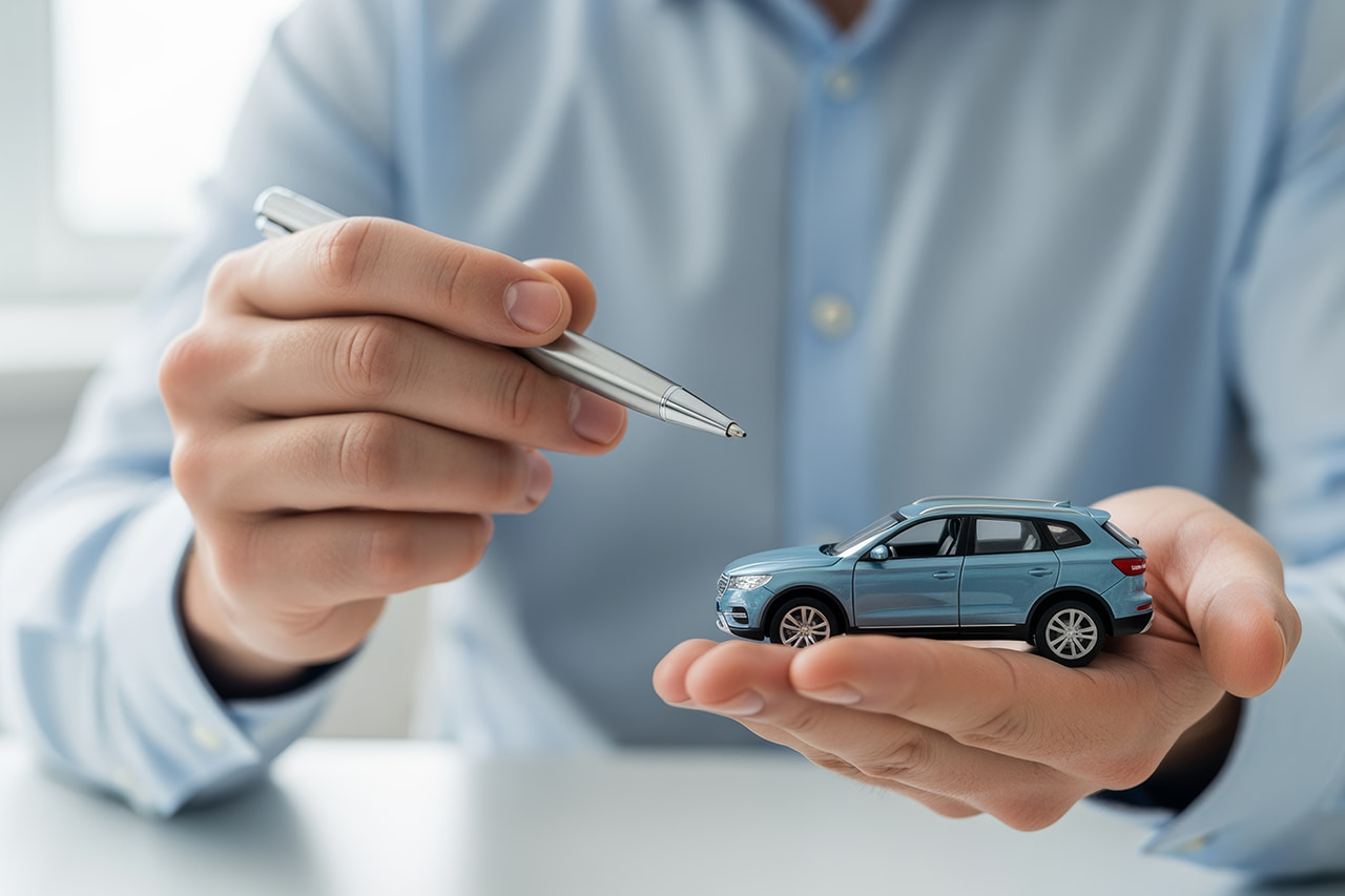 青い車の模型を手に持ちながら説明する様子